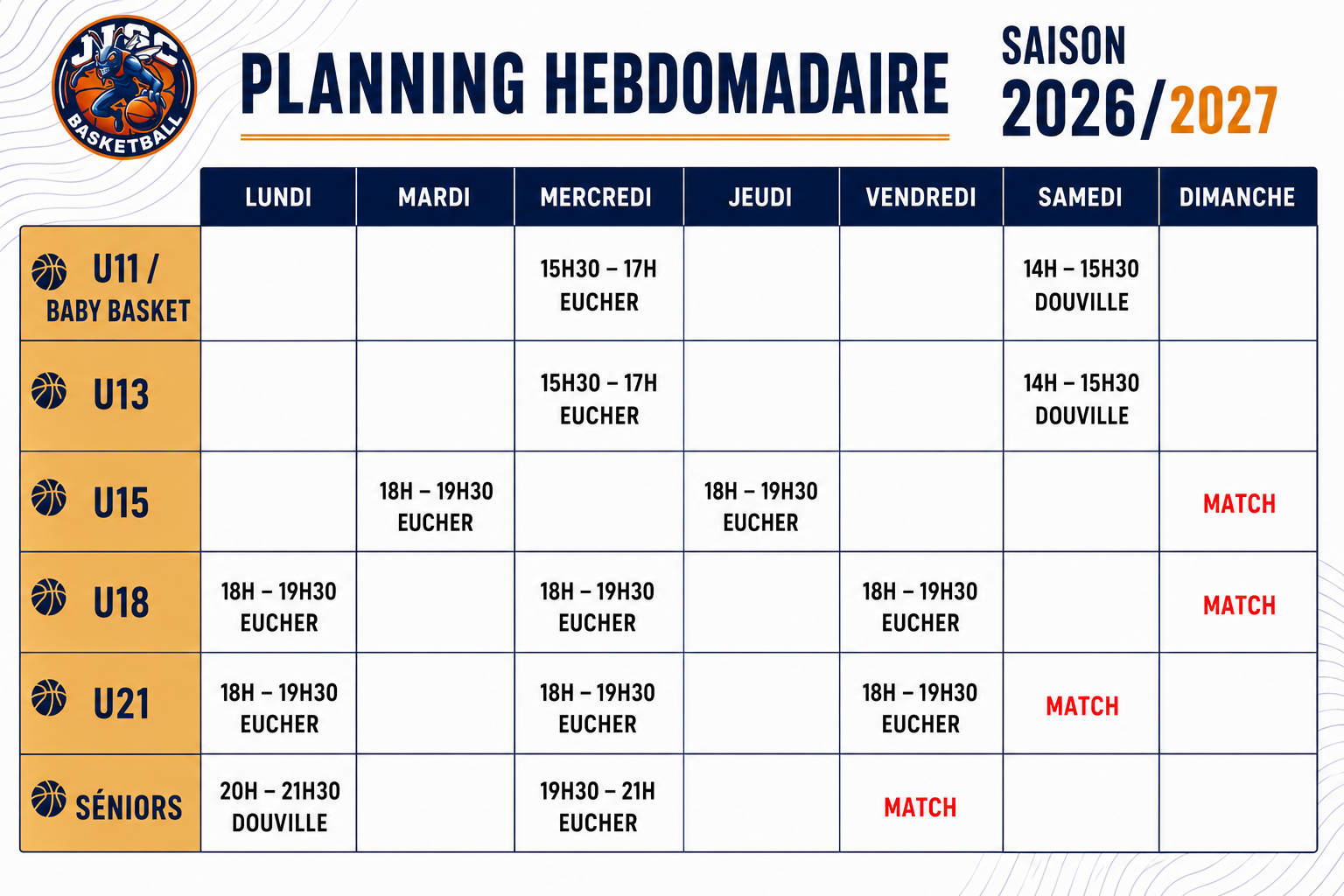 Planning Hebdomadaire saison 2026-2027